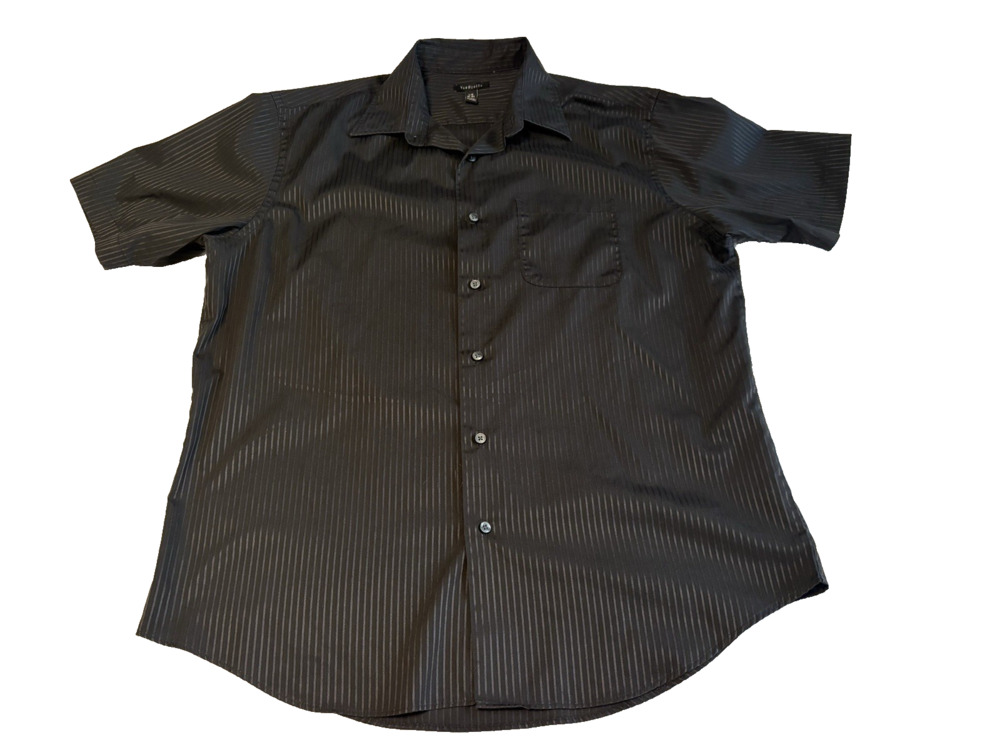 Van‎ Heusen Dress Shirt Mens L 16–16.5 Black Gray Stripe Button Up Short Sleeve